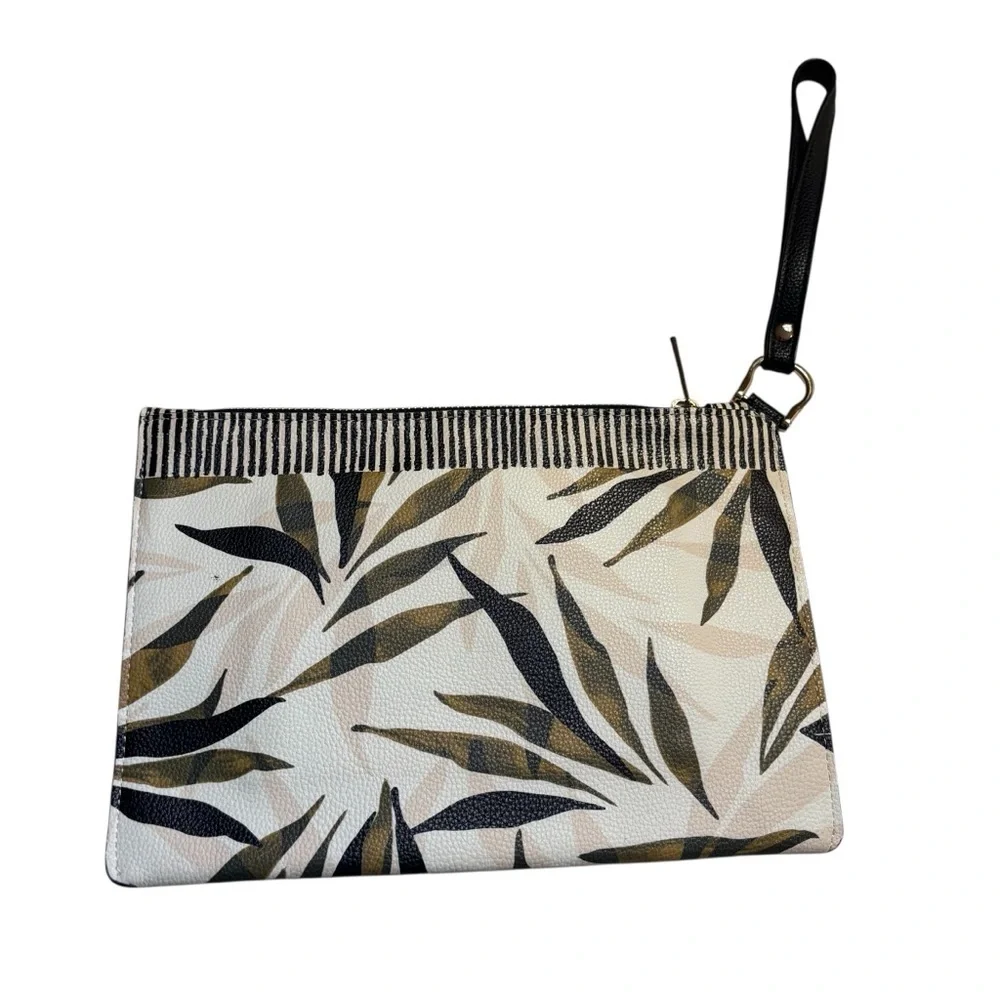 A New Day Wristlet Black White Green Taupe Tropical Leaf Vegan Cloth Interior